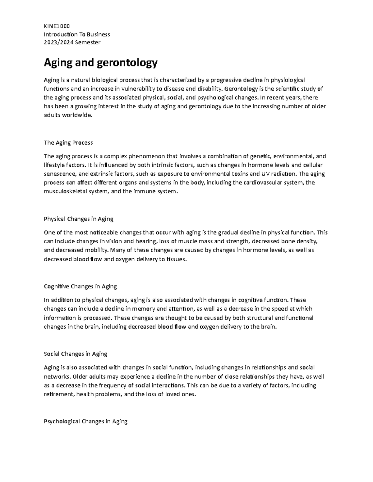 KINE1000 Lecture Notes: Aging and Gerontology Fundamentals - Studocu