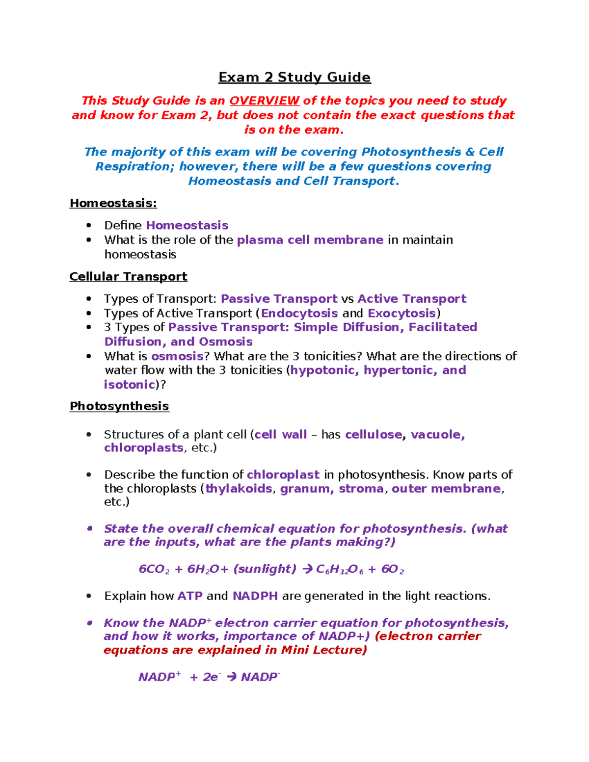 Exam 2 Study Guide: Photosynthesis, Cell Respiration & Homeostasis ...