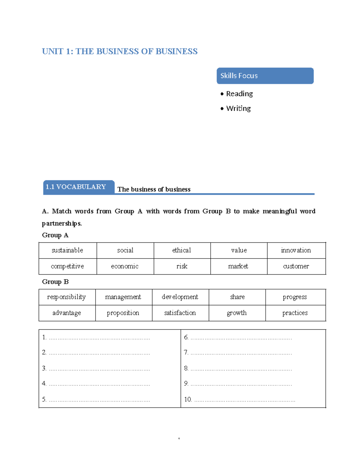 Ebook (COB1)-Unit 1 - Summary tiếng anh 5 - UNIT 1: THE BUSINESS OF ...