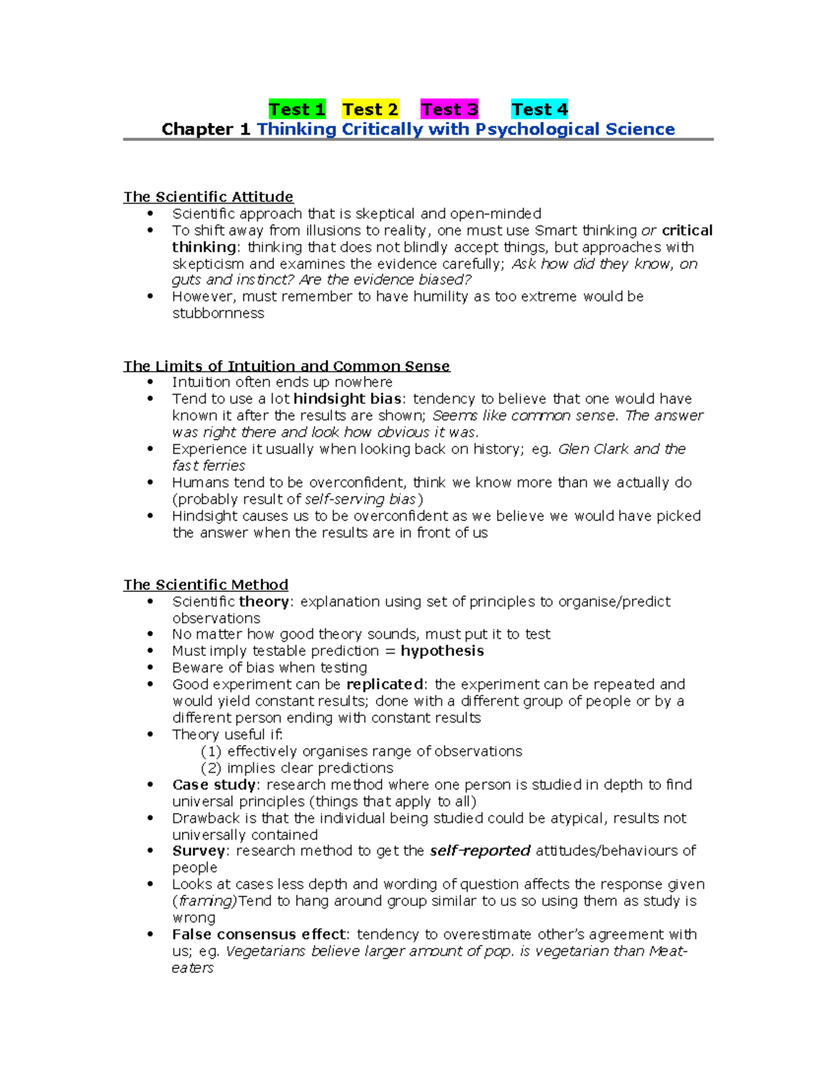 Psych 101 - Chapter 1 Lecture Notes on Scientific Thinking and Methods ...