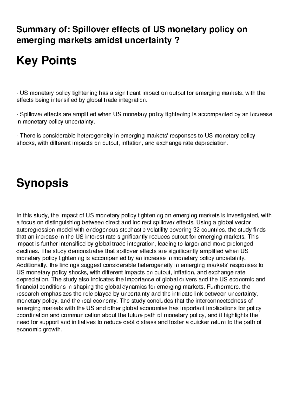 Summary of Spillover effects of US monetary policy on emerging markets ...