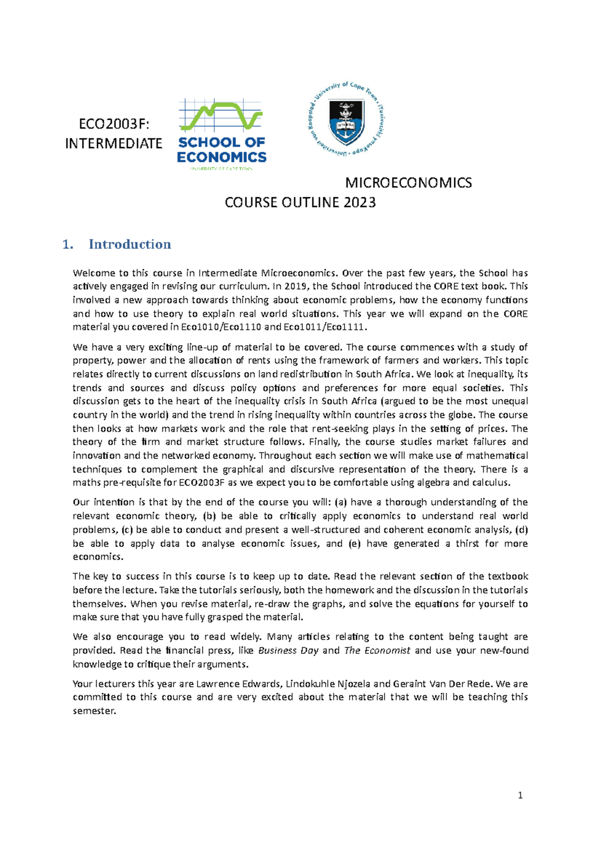 ECO2003F Intermediate Microeconomics Course Outline 2023 - Studocu