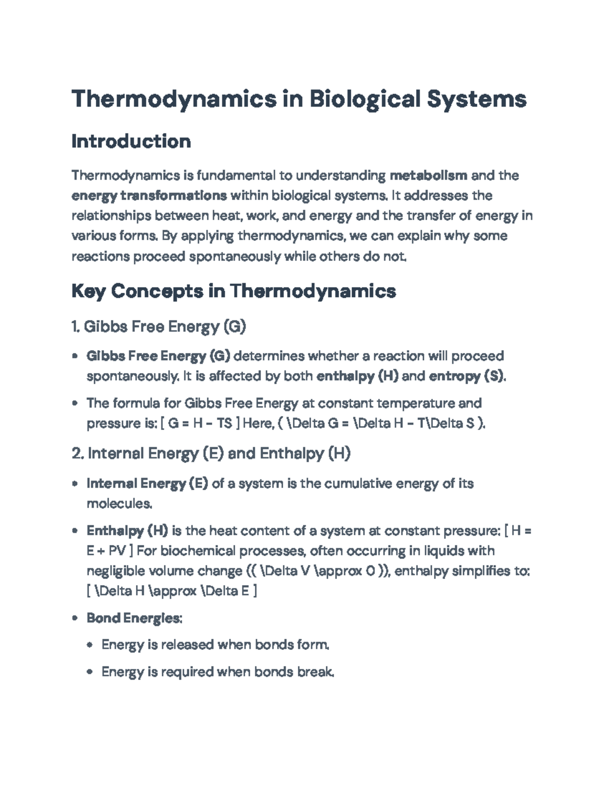 Thermodynamics Principles in Biological Systems - Course Code BIO101 ...
