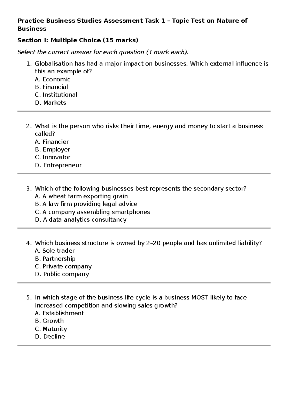 Practice Business Studies Assessment Task 1: Nature of Business Test ...