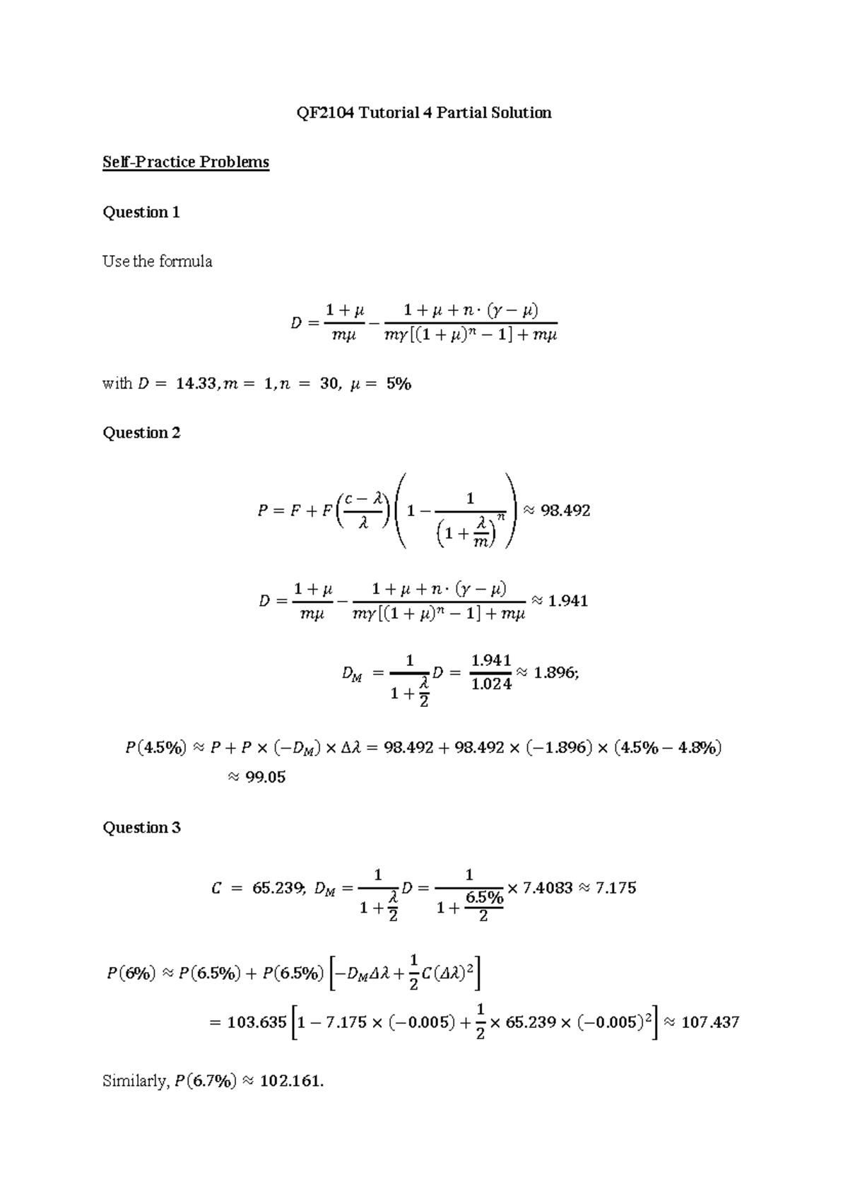 QF2104 Tutorial 4 Solutions to Selected Problems - Studocu