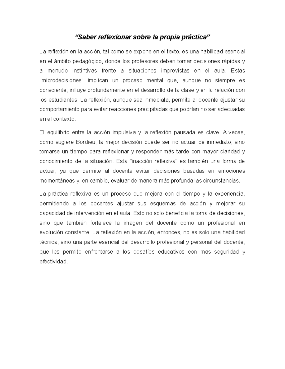 Reflexión en la Acción: Mejora Continua en la Práctica Docente - Studocu