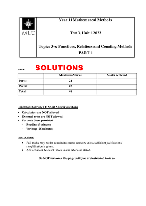 2023 Year 11 Mathematical Methods Test 3: Functions & Counting Methods ...