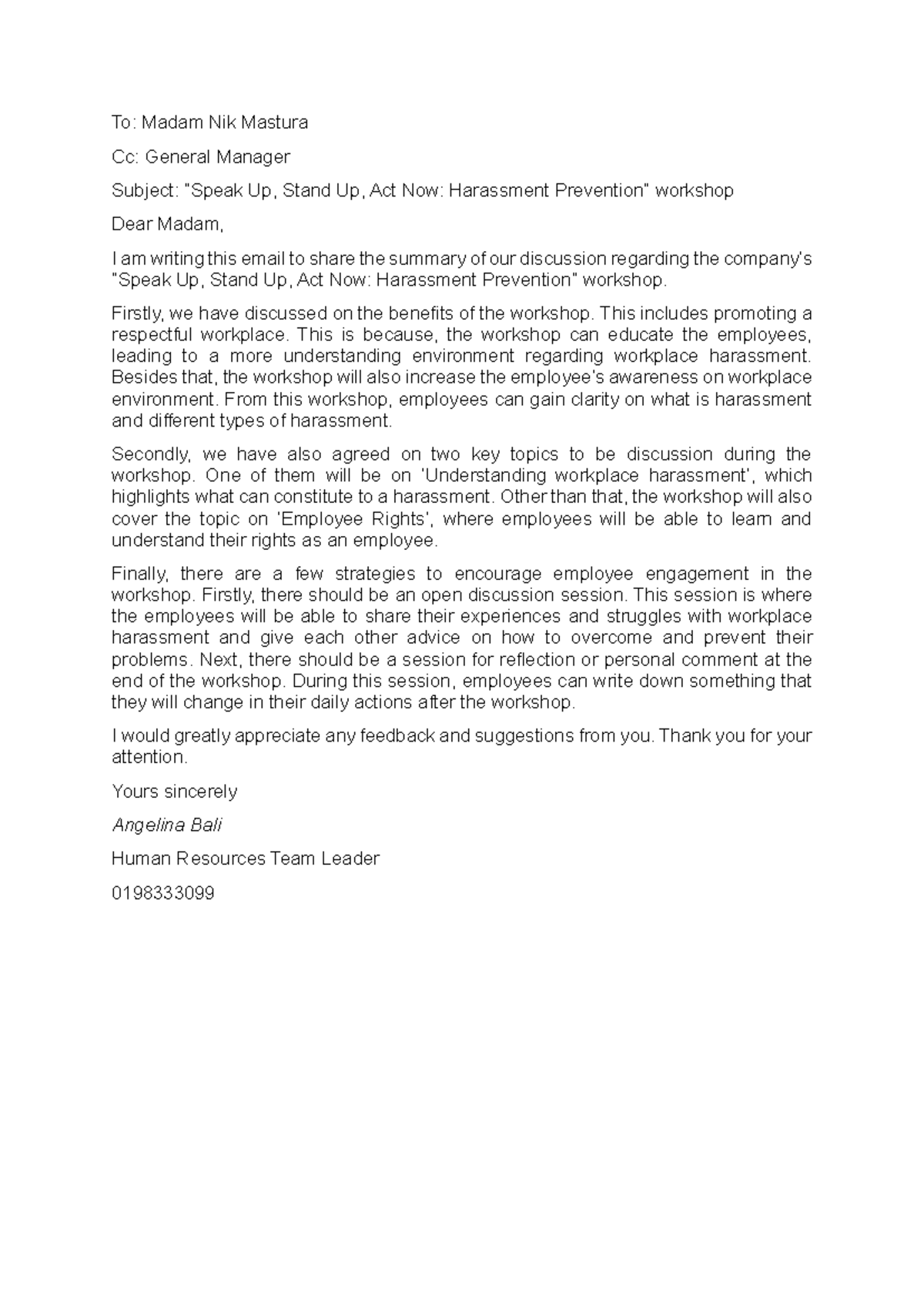 LCC Email Writing: Summary of Harassment Workshop Discussion - Studocu