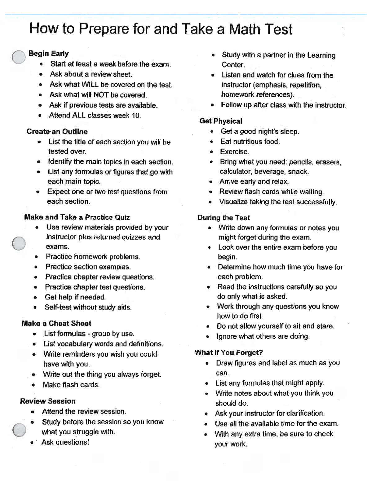 Math prep - Howto Prepare for and Take a MathTest Begin Early Start at ...