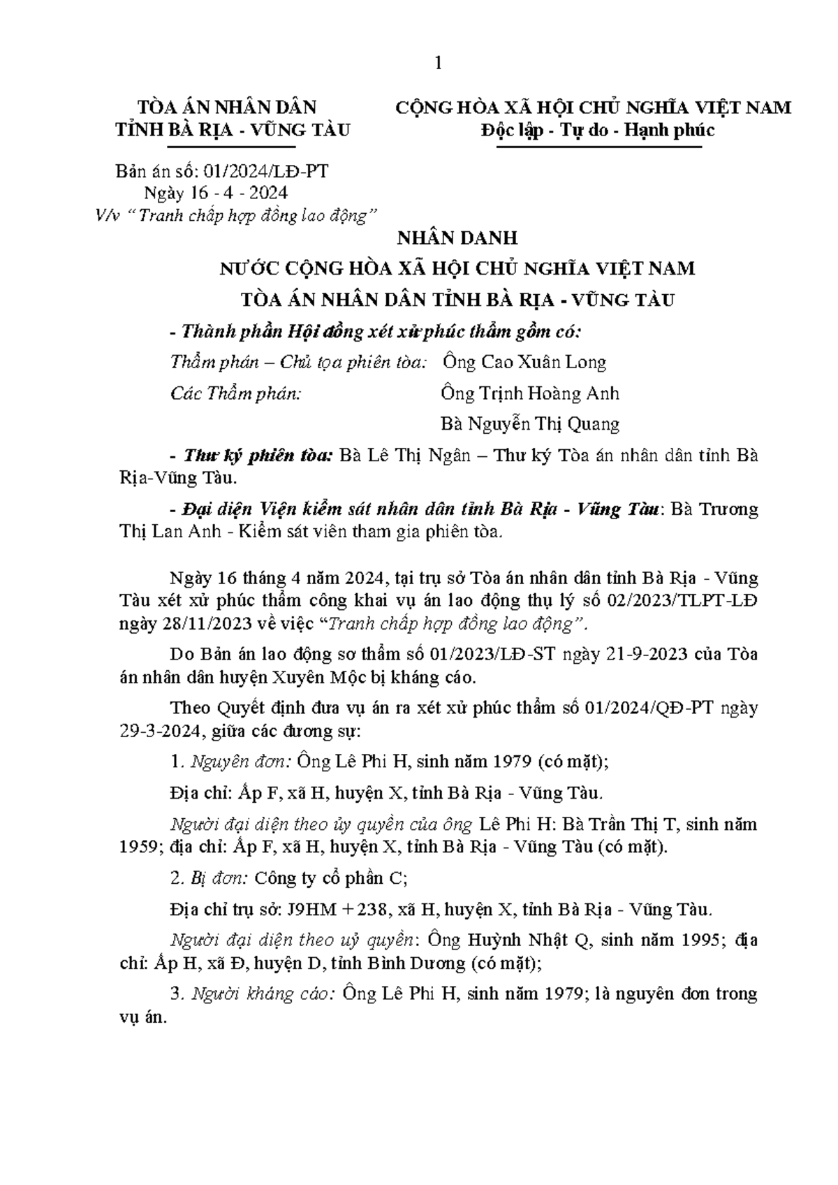 Ban an LDPT Hung Cao su ma hoa - TÒA ÁN NHÂN DÂN TỈNH BÀ RỊA - VŨNG TÀU ...