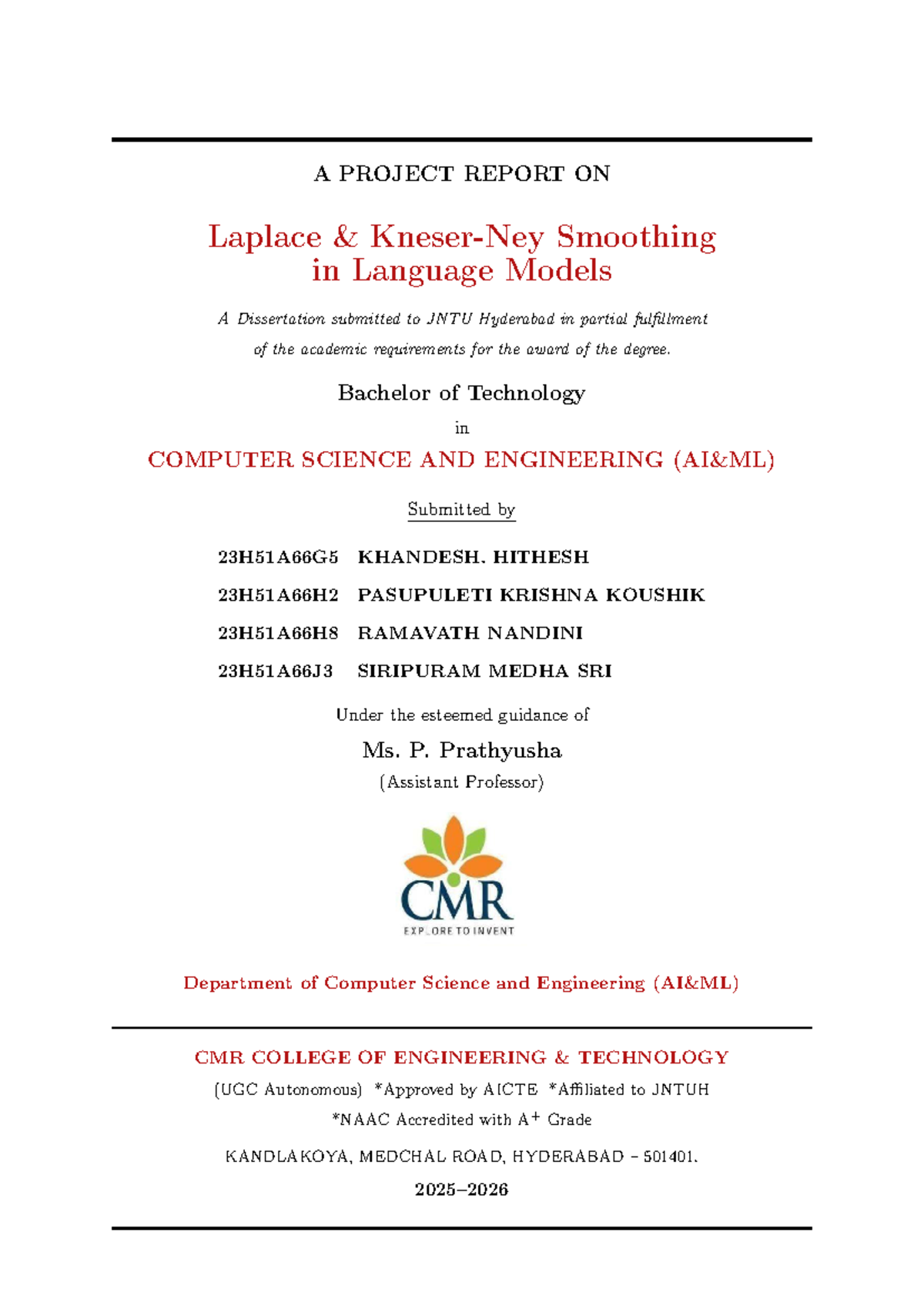 A PROJECT REPORT ON Laplace Smoothing in Language Models (CSE) - Studocu