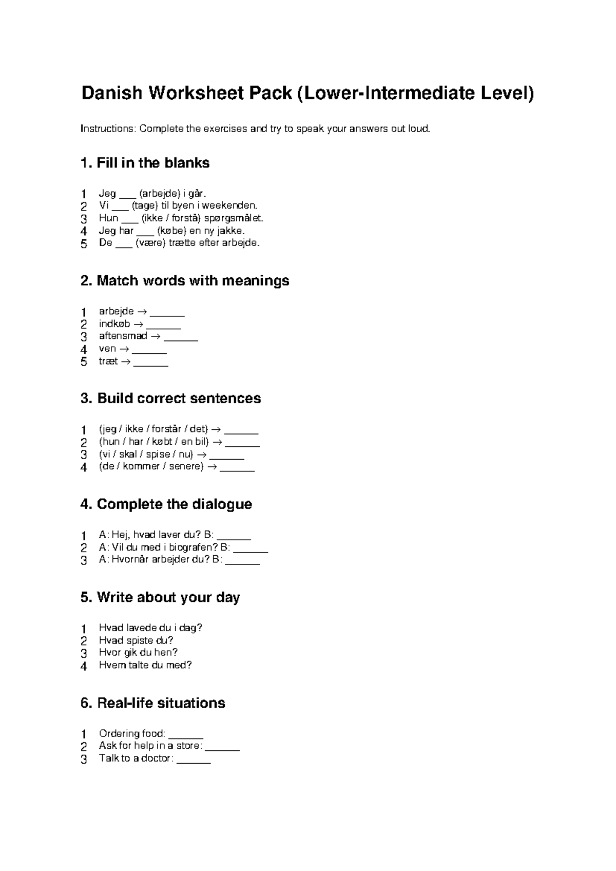 Danish Worksheet Pack (Intermediate) - Exercises & Activities - Studocu