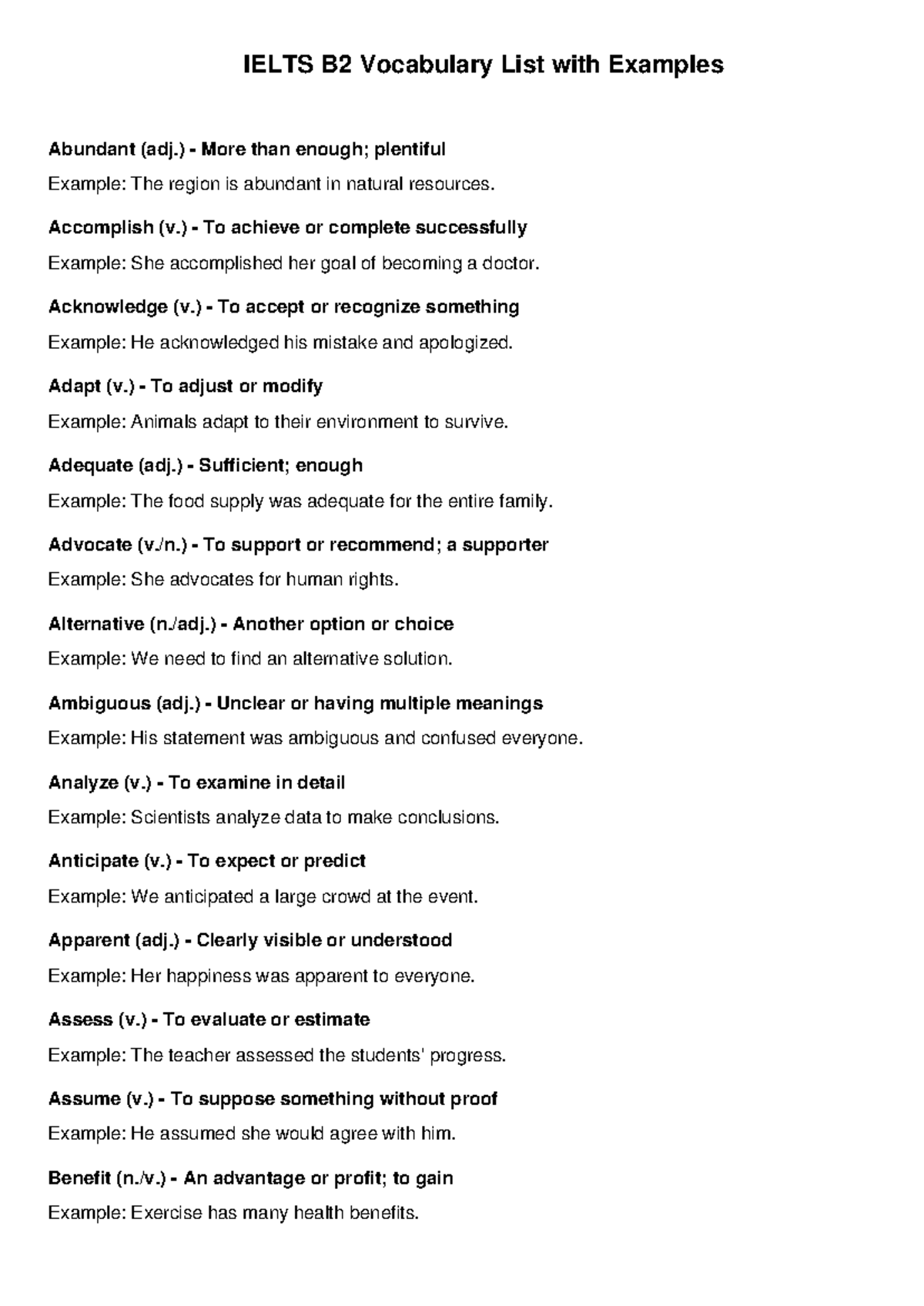 IELTS B2 Vocabulary List - Essential Terms for Beginners - Studocu