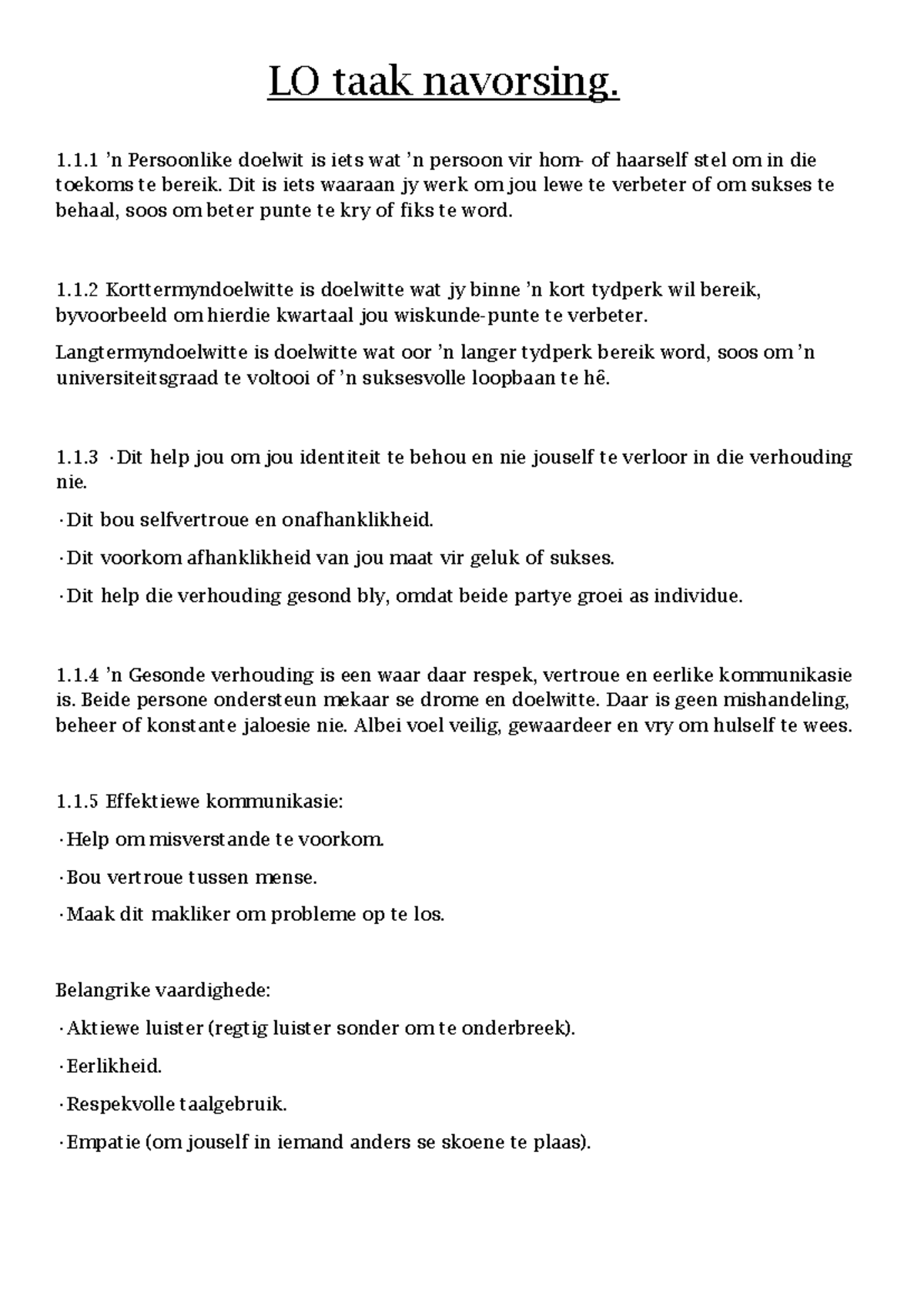 LO Taak Navorsing: Doelwitte en Gesonde Verhoudings - Studocu