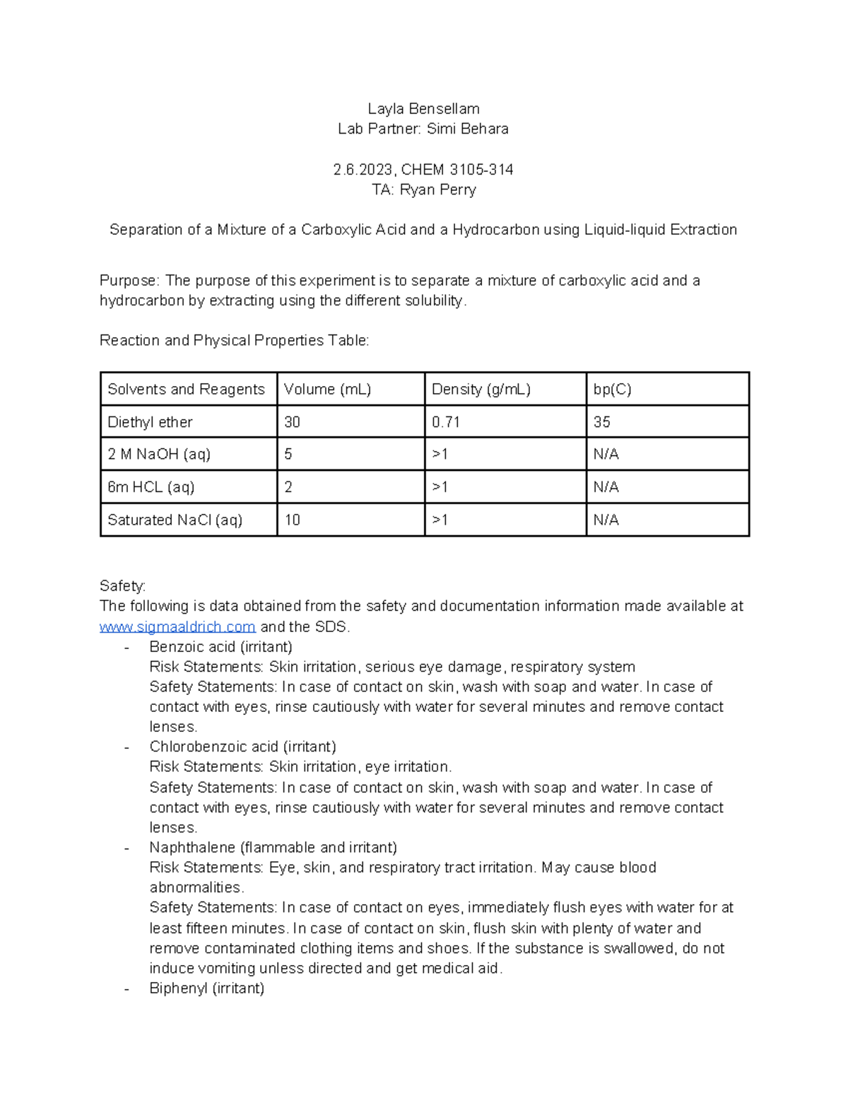 CHEM 3105 Organic Chem Lab Report #2: Liquid-Liquid Extraction Analysis ...