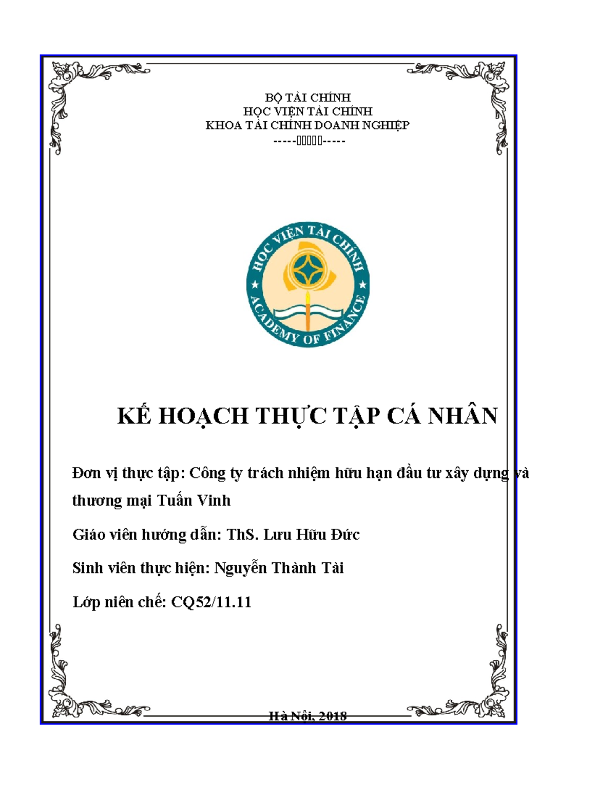 KẾ HOẠCH THỰC TẬP CÁ NHÂN - KHTT CQ52/11 - Studocu