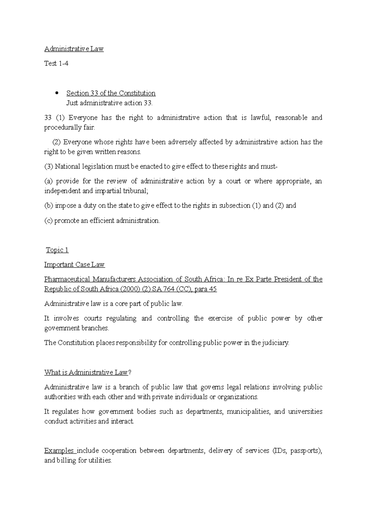 Administrative Law Test: Section 33 & Just Administrative Action - Studocu