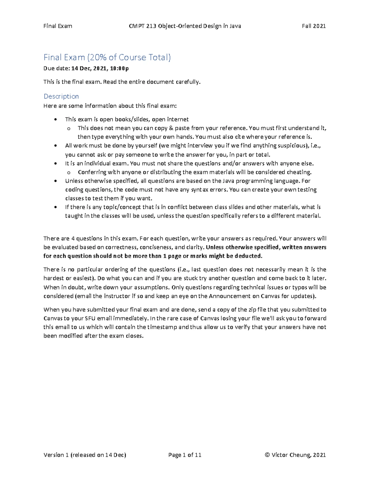 CMPT 276 – Final Examination Questions and Instructions (Aug 2017 ...