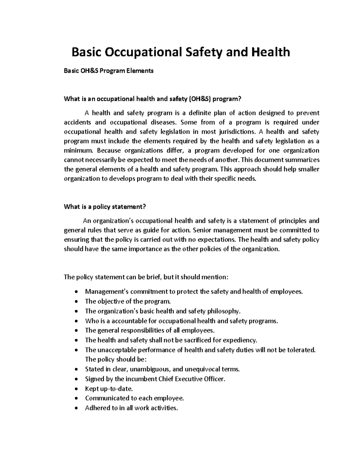 Occupational Health and Safety Fundamentals: Basic Program Elements ...