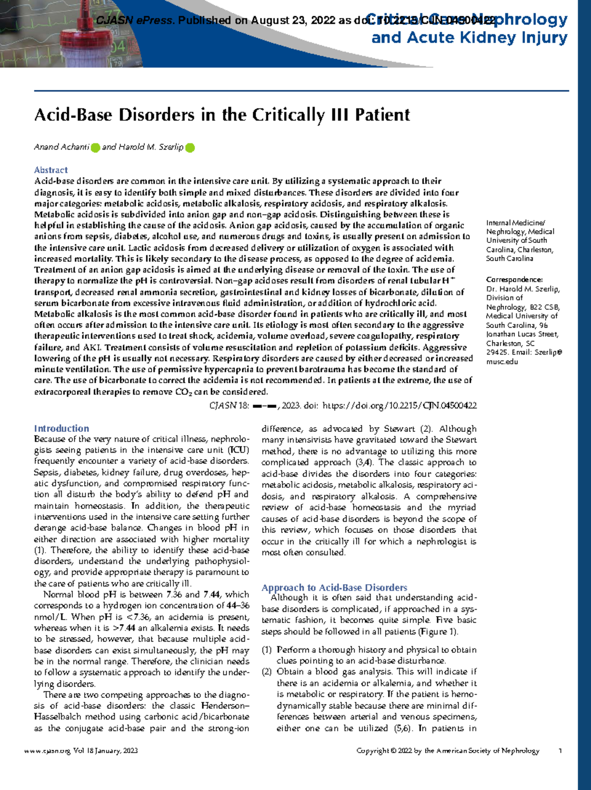 CJASN 18: Critical Care Nephrology & Acid-Base Disorders in ICU - Studocu
