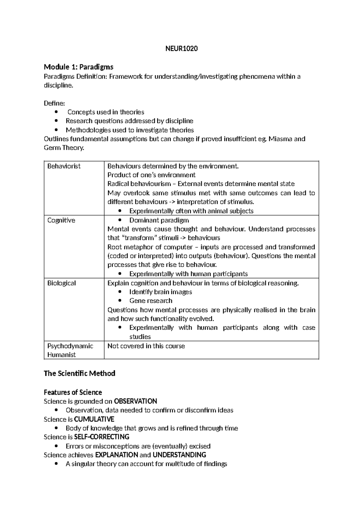 NEUR1020 notes - NEUR Module 1: Paradigms Paradigms Definition ...