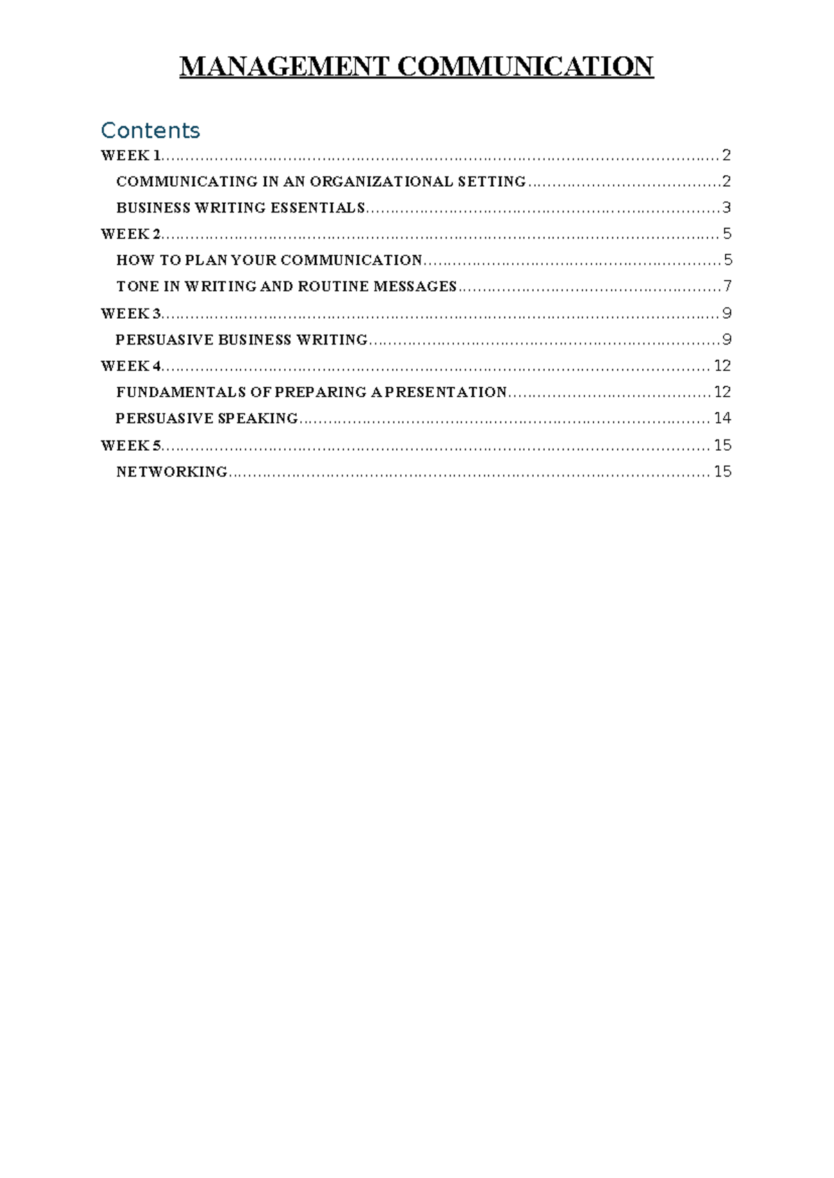MANAGEMENT COMMUNICATION MC Notes: Week-by-Week Overview and Key ...