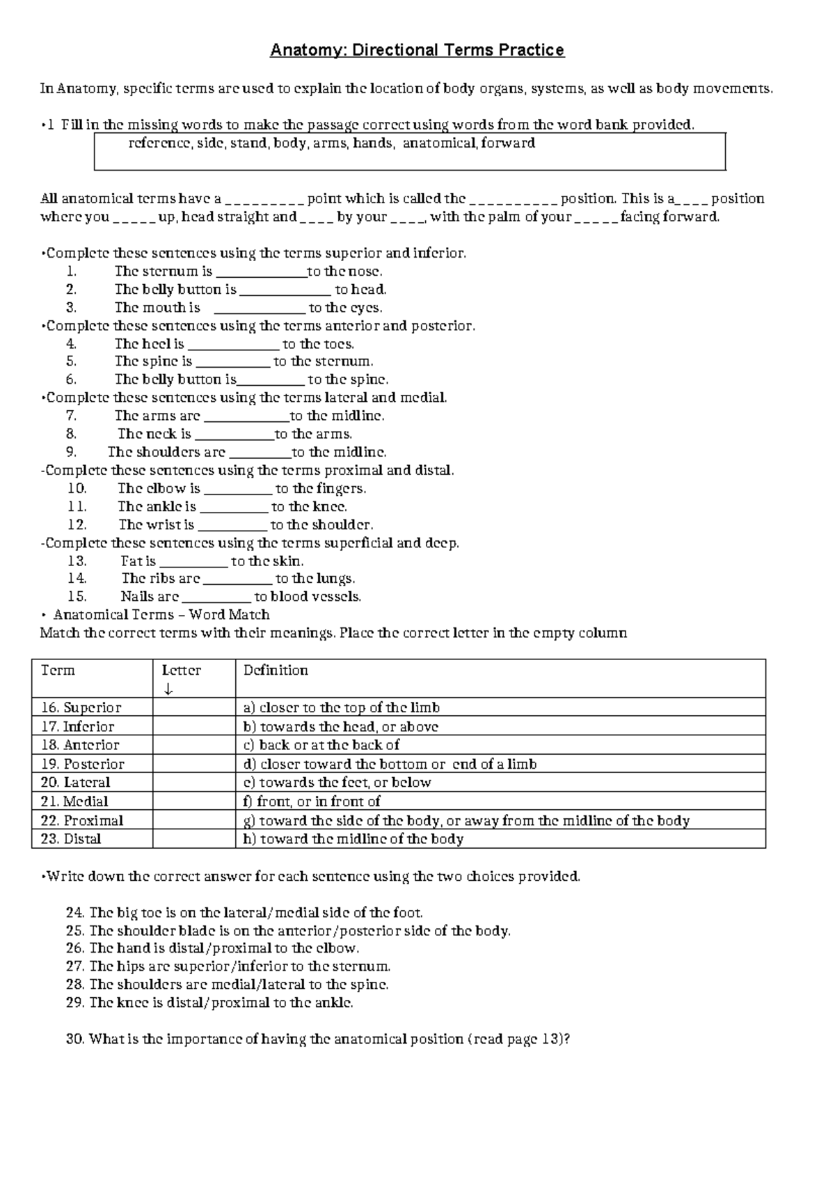 Directional terminology assignment - Anatomy: Directional Terms ...