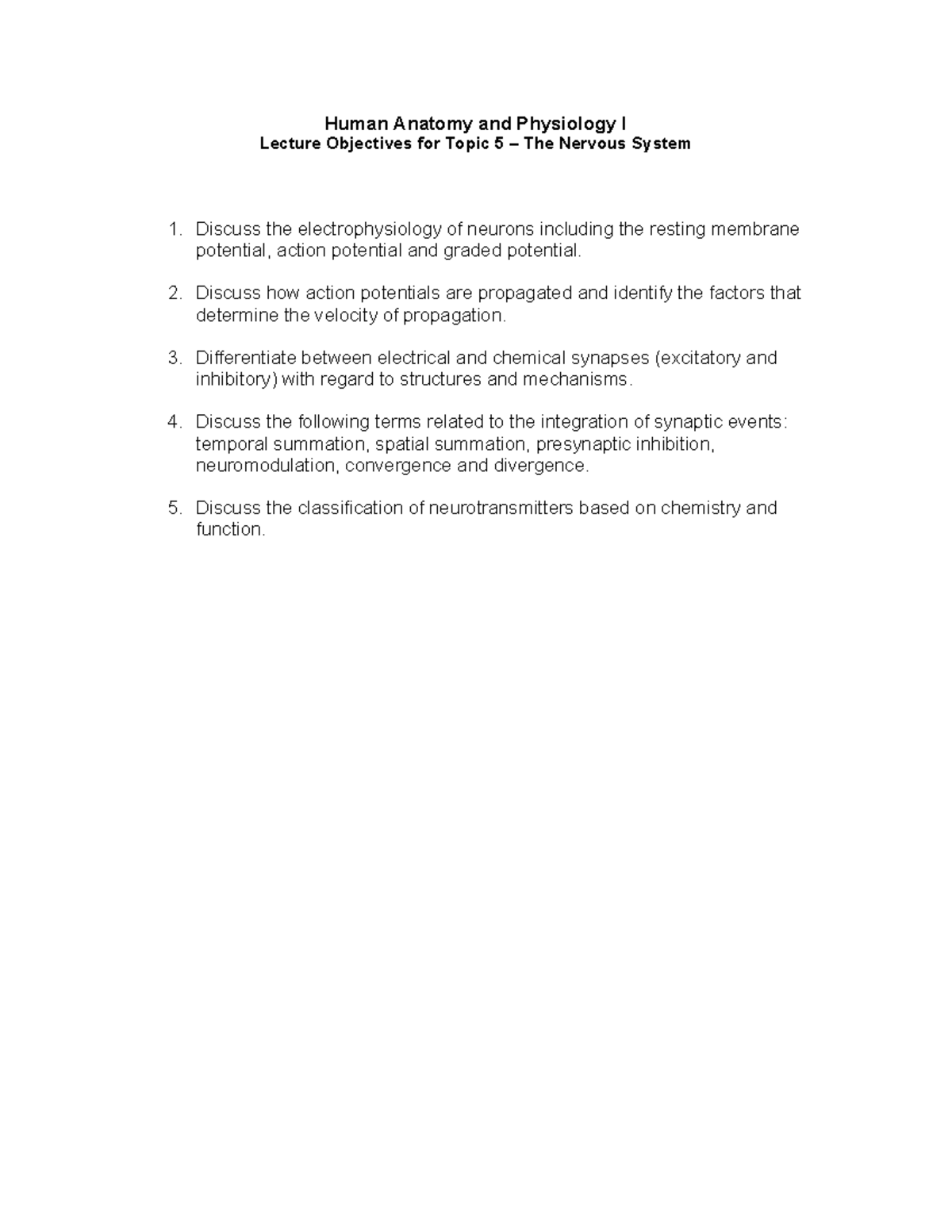 Human Anatomy & Physiology I: Lecture Objectives on the Nervous System ...