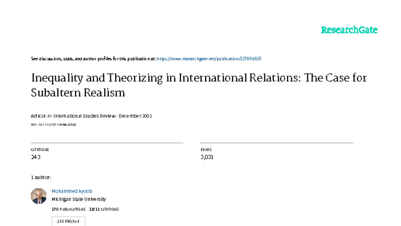 Inequality and Subaltern Realism in International Relations (IR) - Studocu