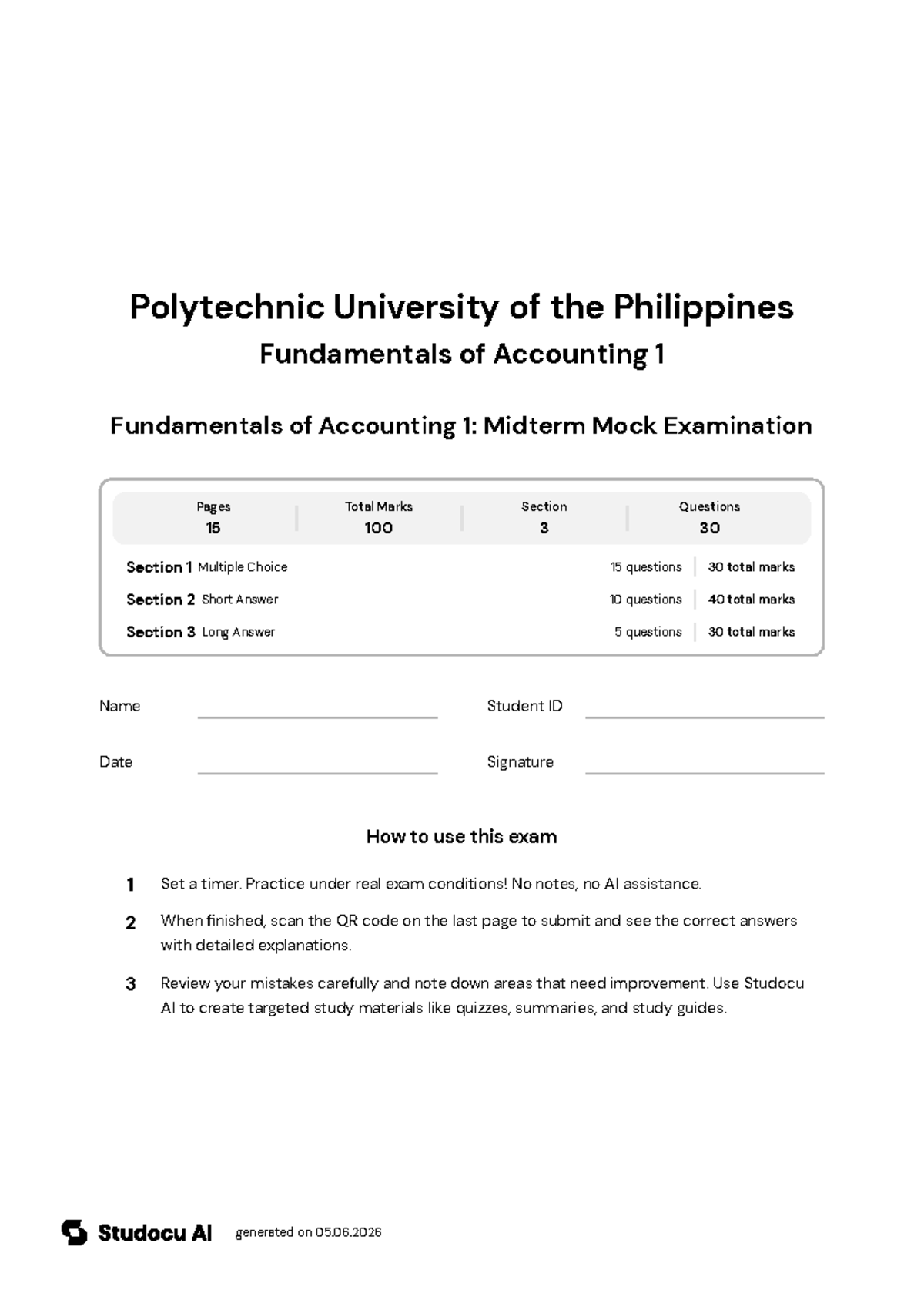 Fundamentals of Accounting 1: Midterm Mock Exam - Studocu