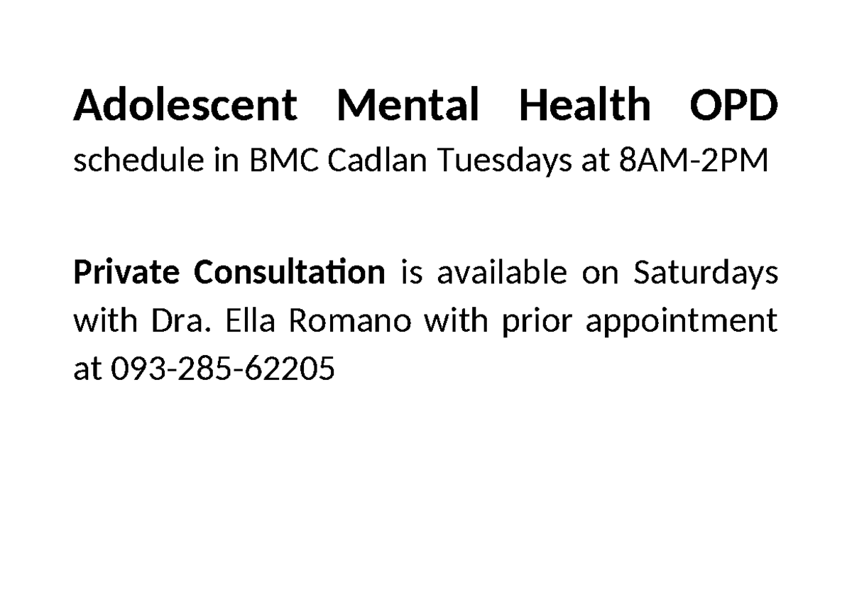 Adolescent Mental Health OPD schedule in BMC Cadlan Tuesdays at 8AM ...
