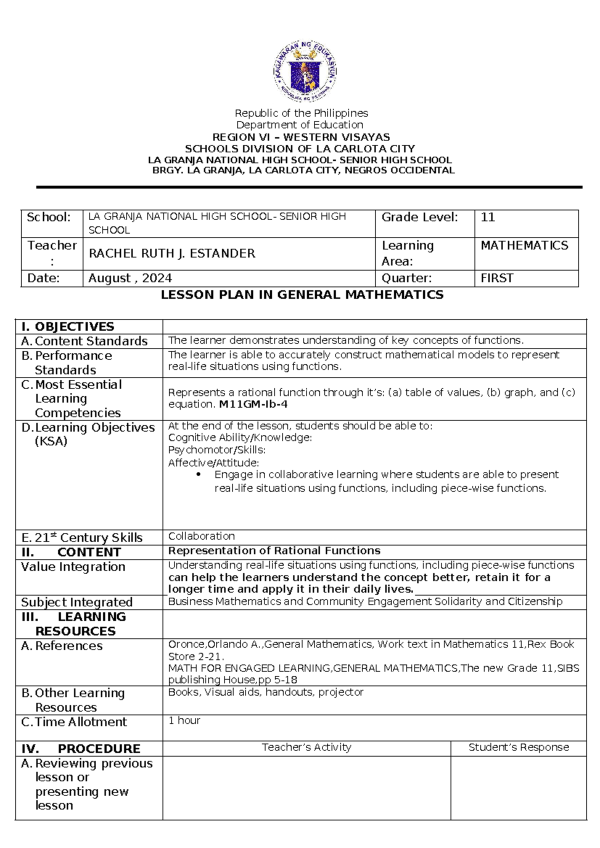 Lesson Plan in General Mathematics (Grade 11) - 1st Quarter - Studocu