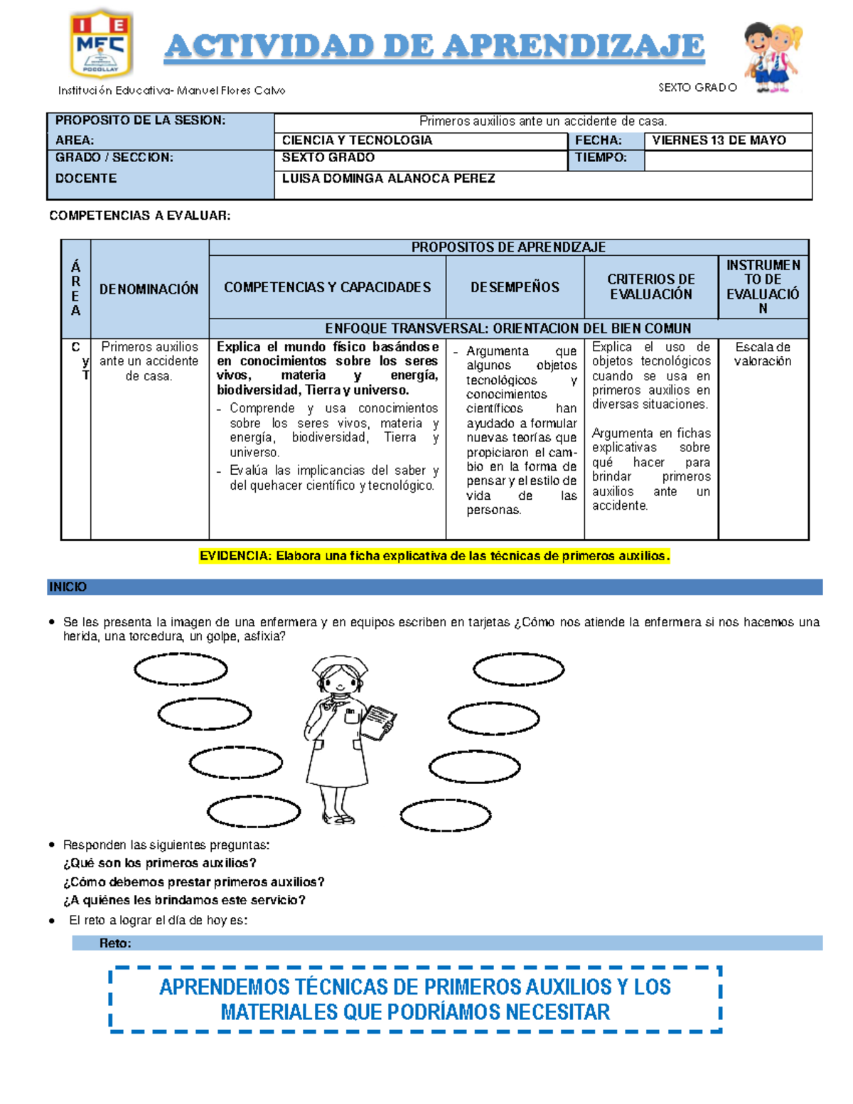 Técnicas de Primeros Auxilios - SEXTO GRADO (C Y T) - Mayo 13 - Document Preview