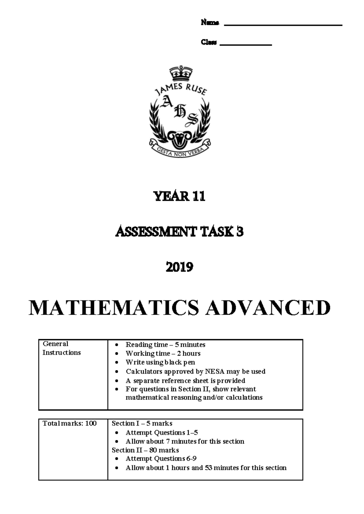 JRAHS Year 11 Mathematics Advanced Assessment Task 3 2019 Solutions ...