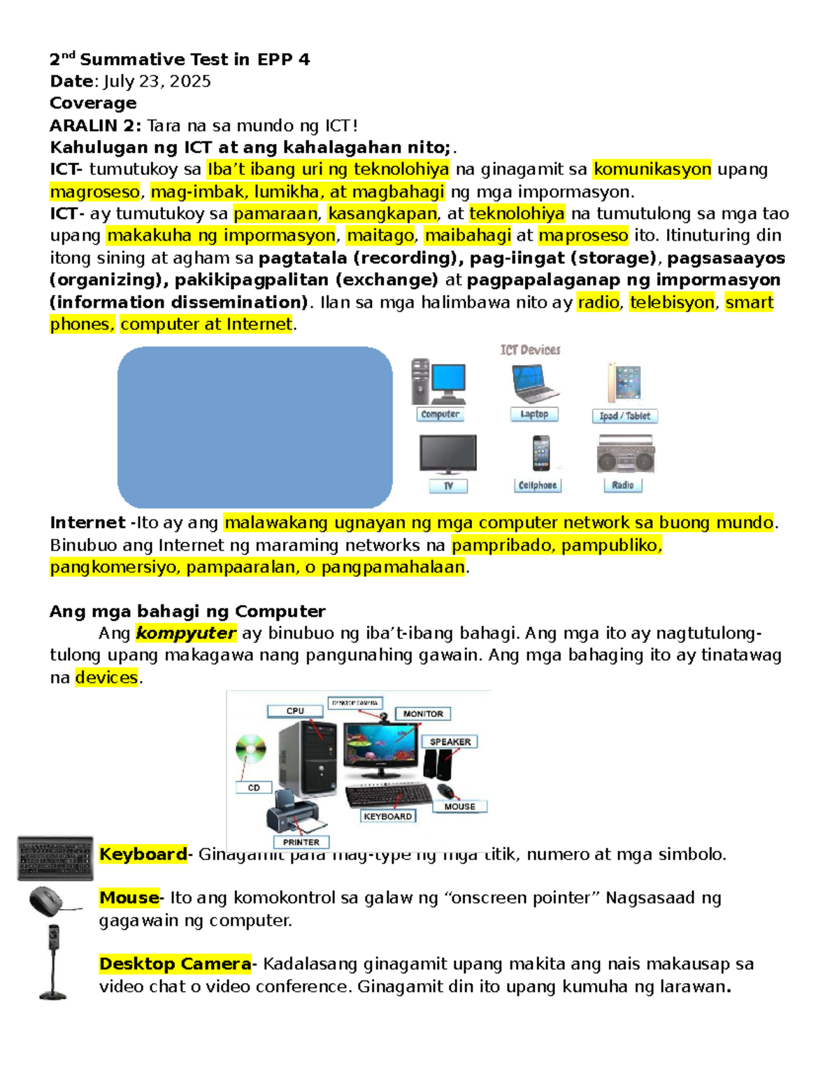 EPP 4 2nd Summative Test: Aralin 2 - ICT at mga Bahagi ng Computer ...