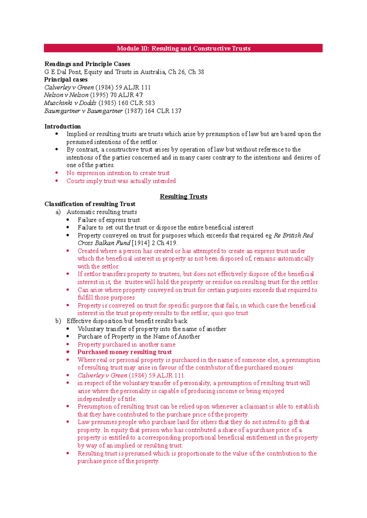 Module 10: Resulting and Constructive Trusts - Lecture Notes and Key ...