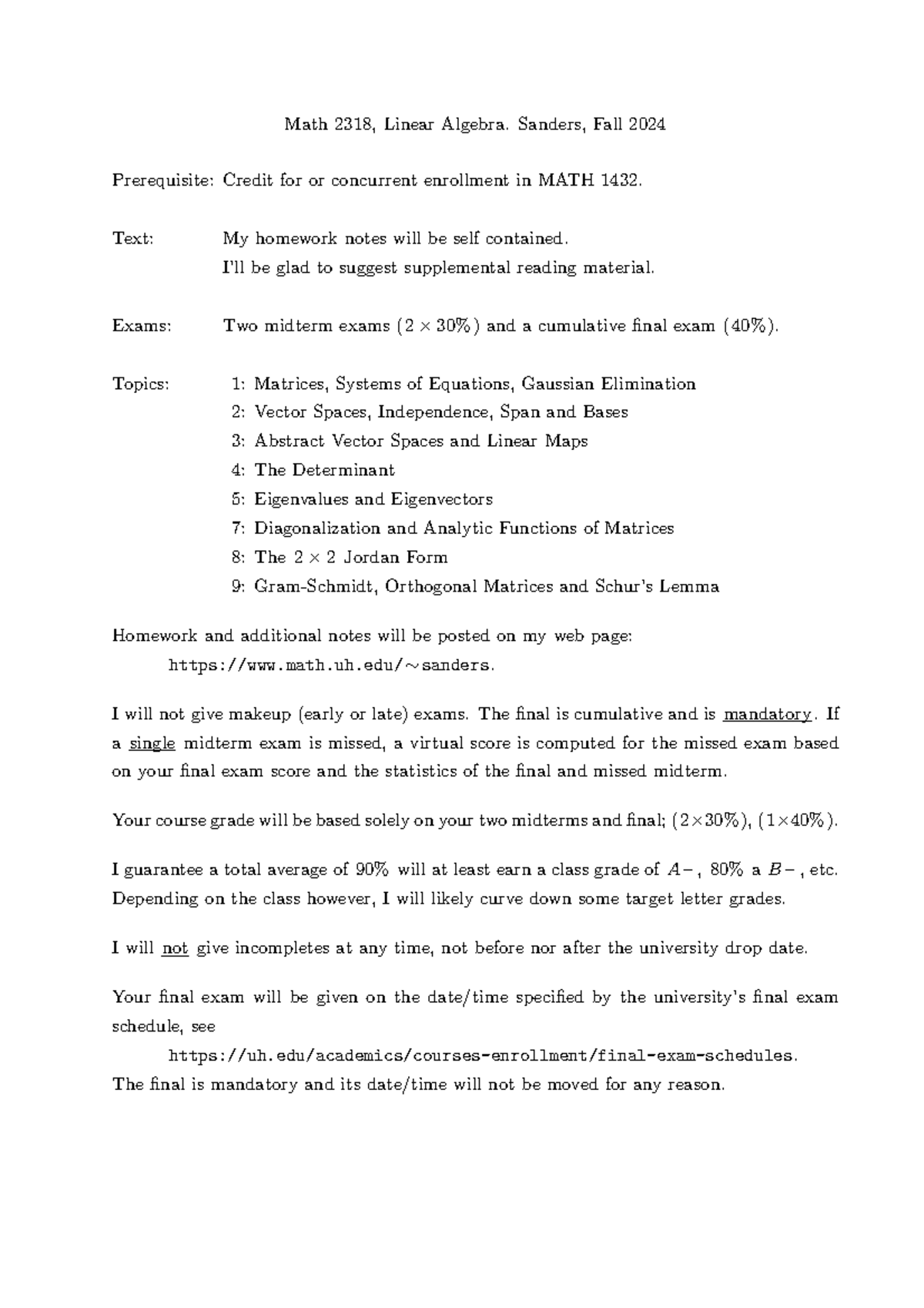 Math 2318 Fa24 Syllabus: Linear Algebra Overview and Exam Details - Studocu