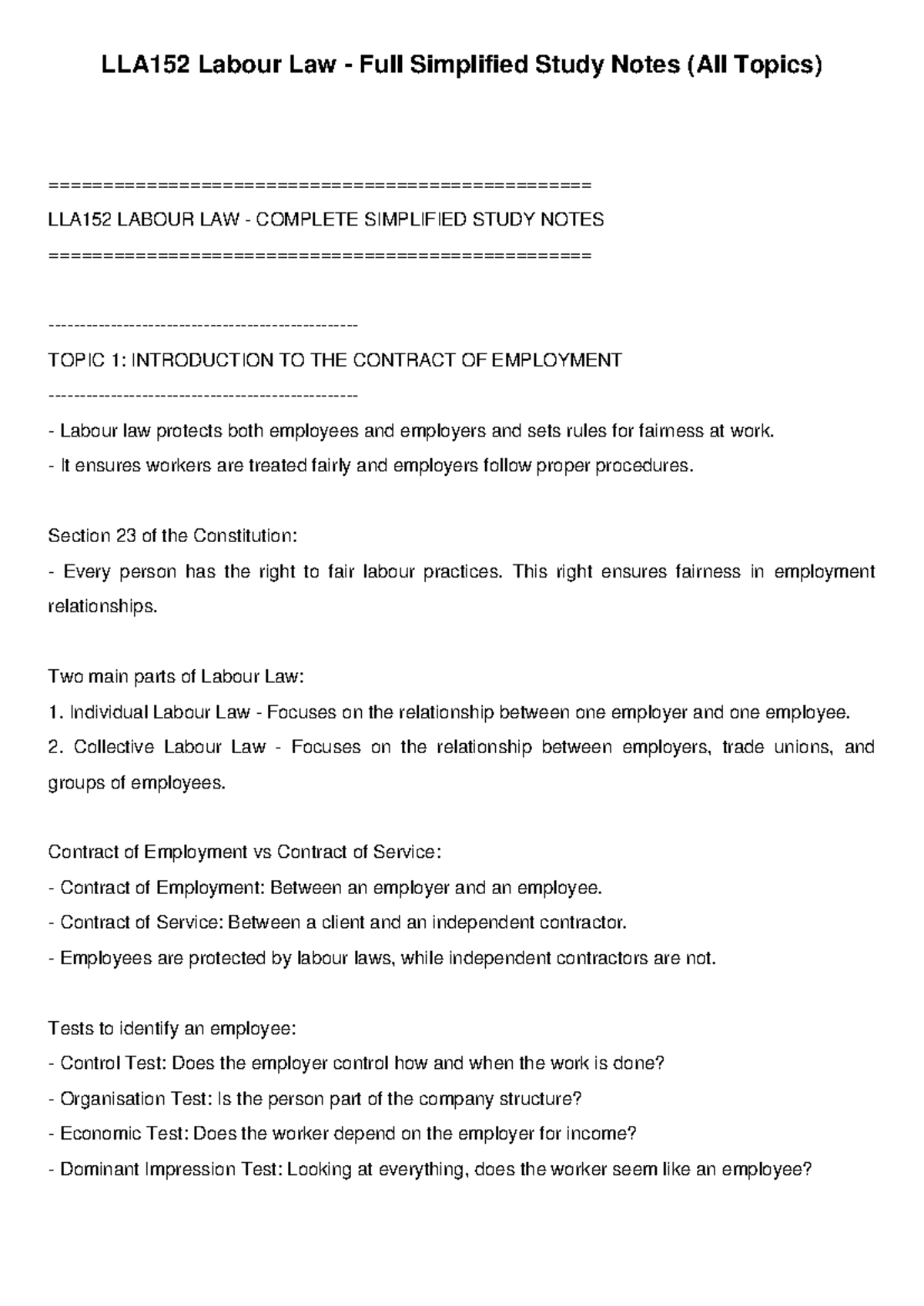 LLA152 Labour Law Comprehensive Simplified Study Notes - Studocu