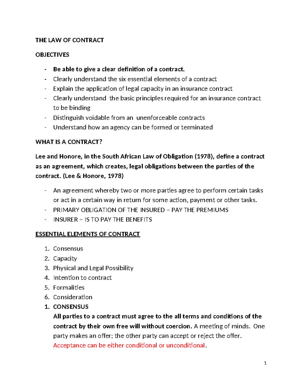 LAW 101: Final Exam Study Notes on The Law of Contract - Studocu