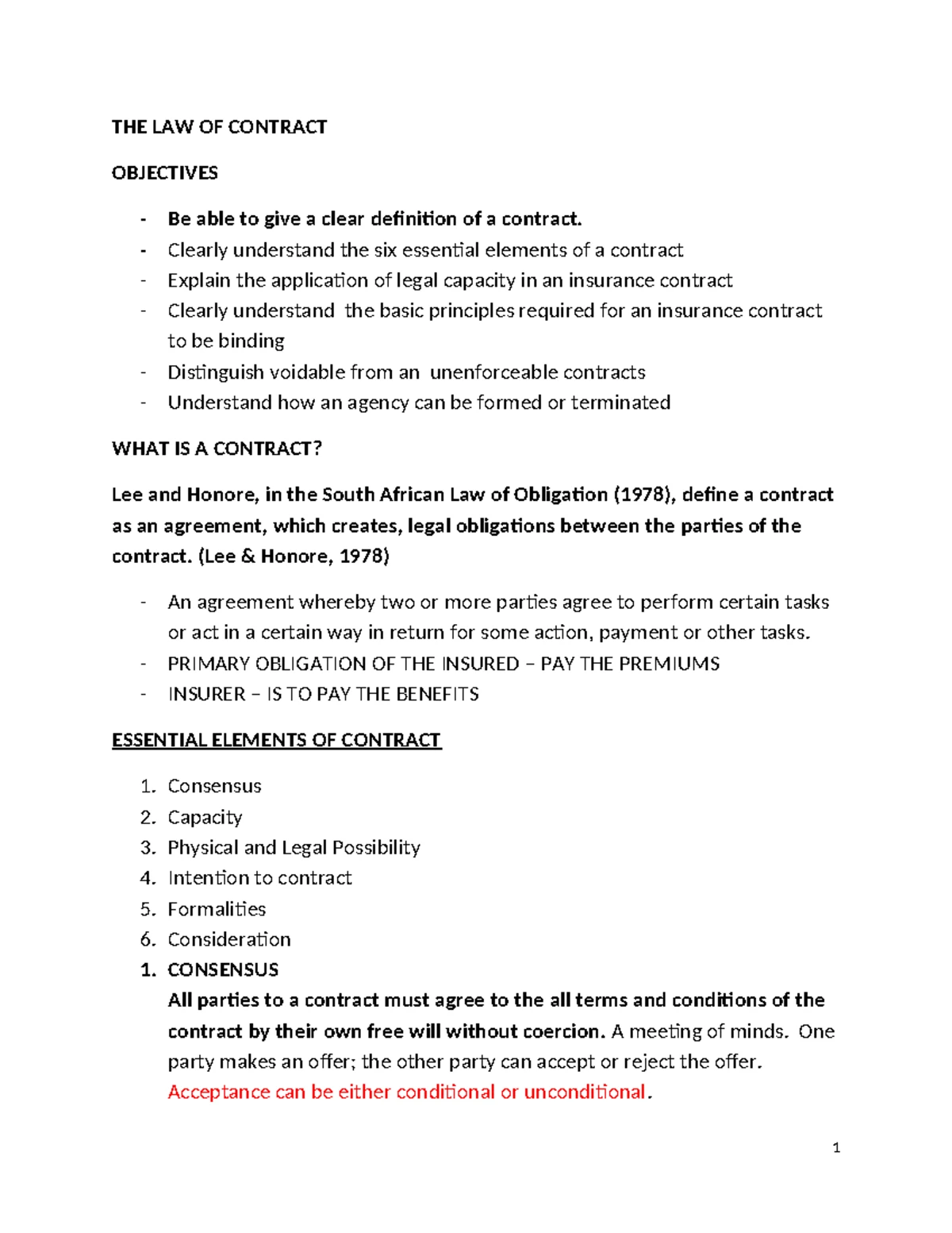 LAW 101: Final Exam Study Notes on The Law of Contract - Studocu
