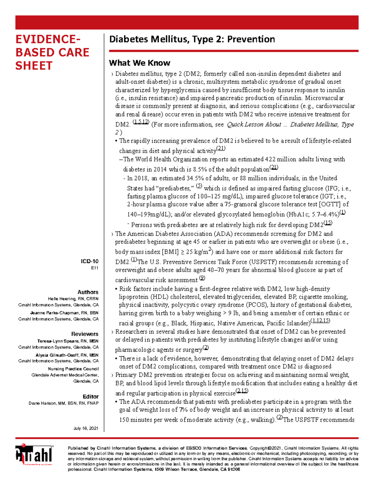 Diabetes Mellitus Type 20 Prevention   EVIDENCE  BASED CARE SHEET ...