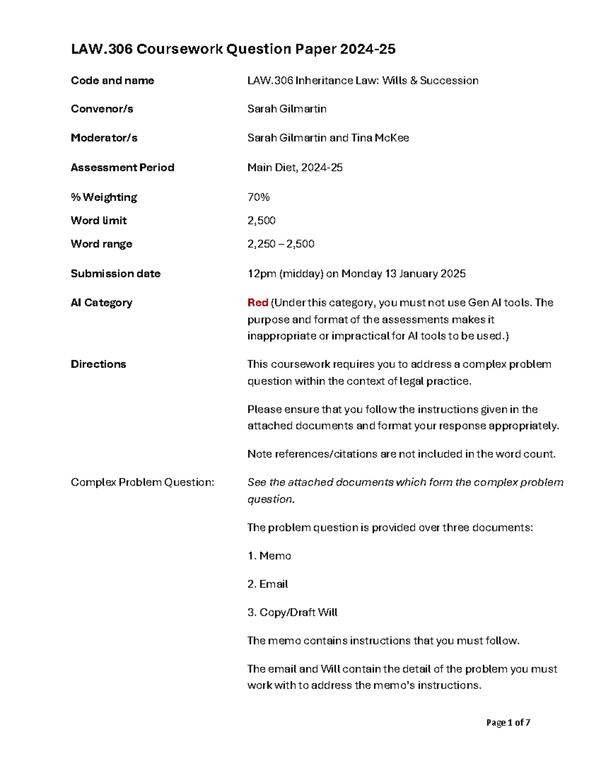 LAW - law 306 question - LAW Coursework Question Paper 2024- 25 Code ...