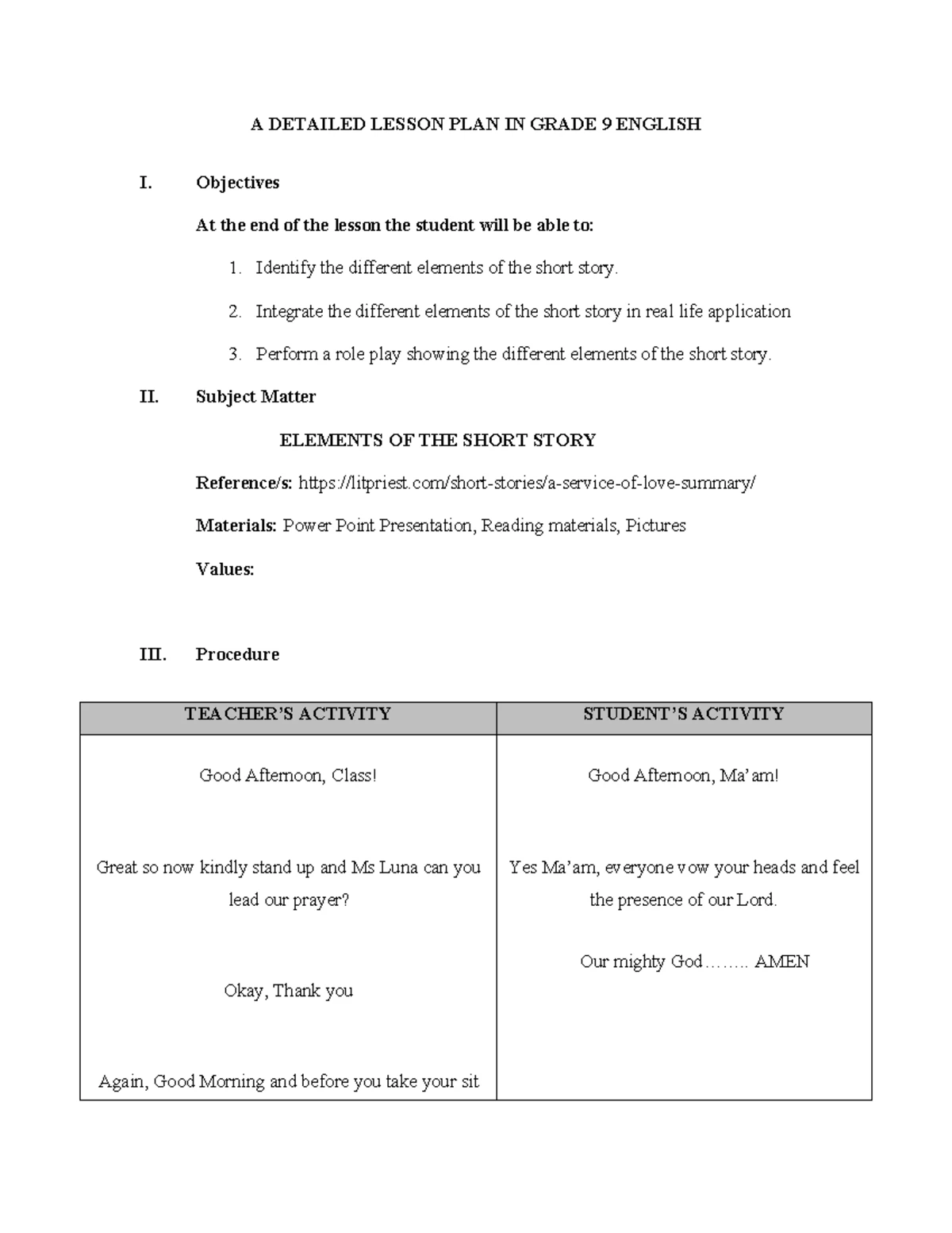 A Detailed Lesson Plan for Grade 9 English: Short Story Elements - Studocu