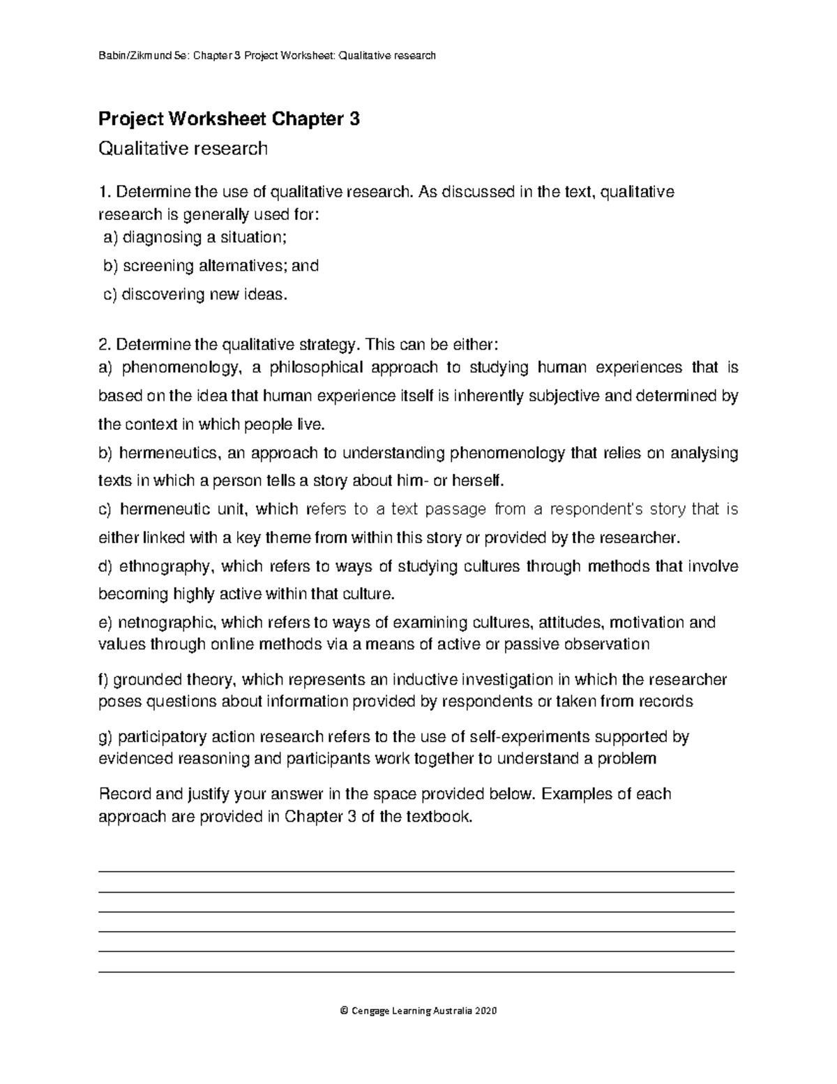 5e: Chapter 3 Qualitative Research Project Worksheet - Studocu