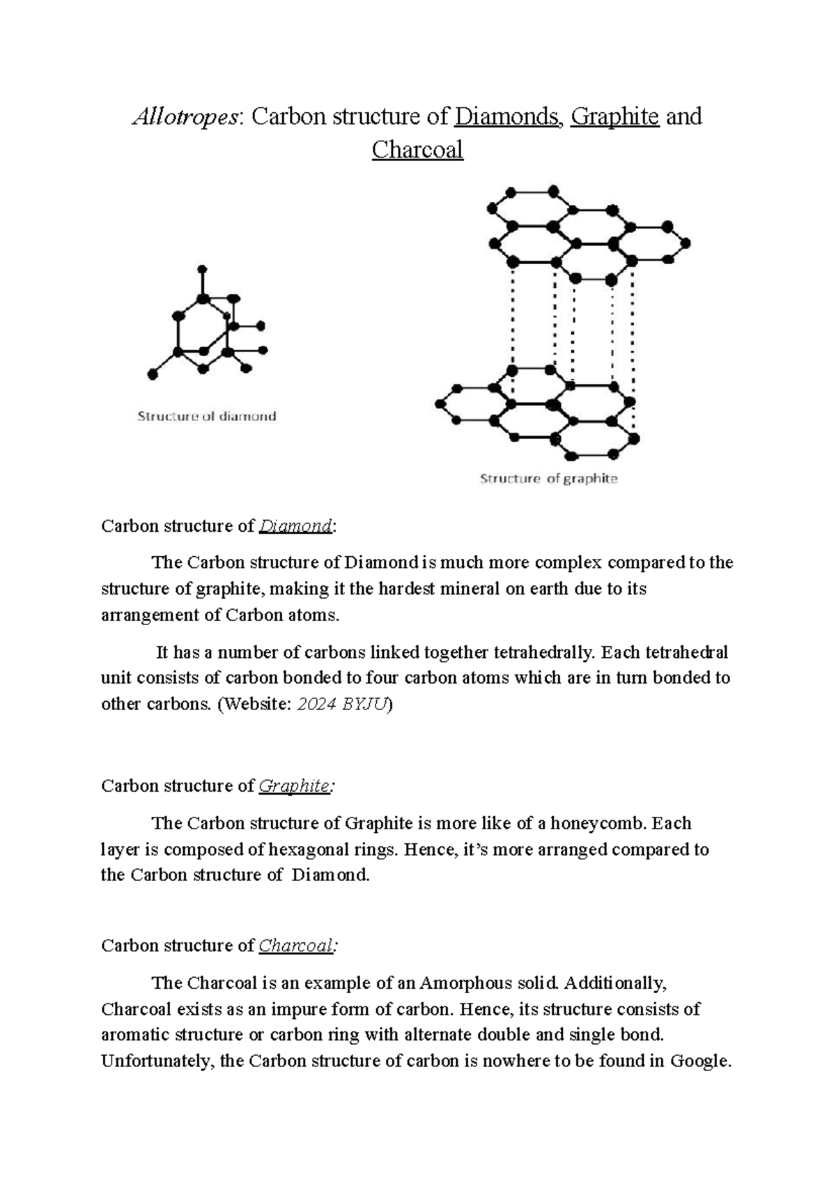 Carbon Lecture Notes: Structures of Diamond, Graphite & Charcoal - Studocu
