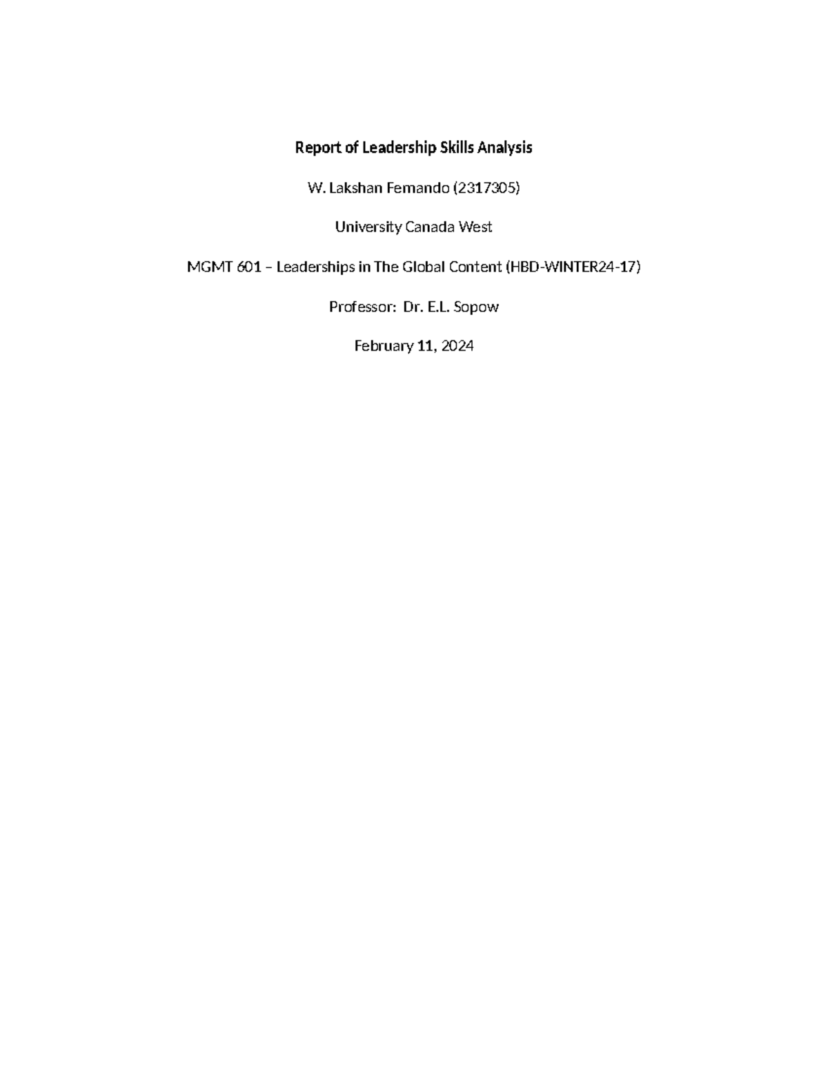 MGMT 601 Leadership Skills Analysis Report - W. Lakshan Fernando ...