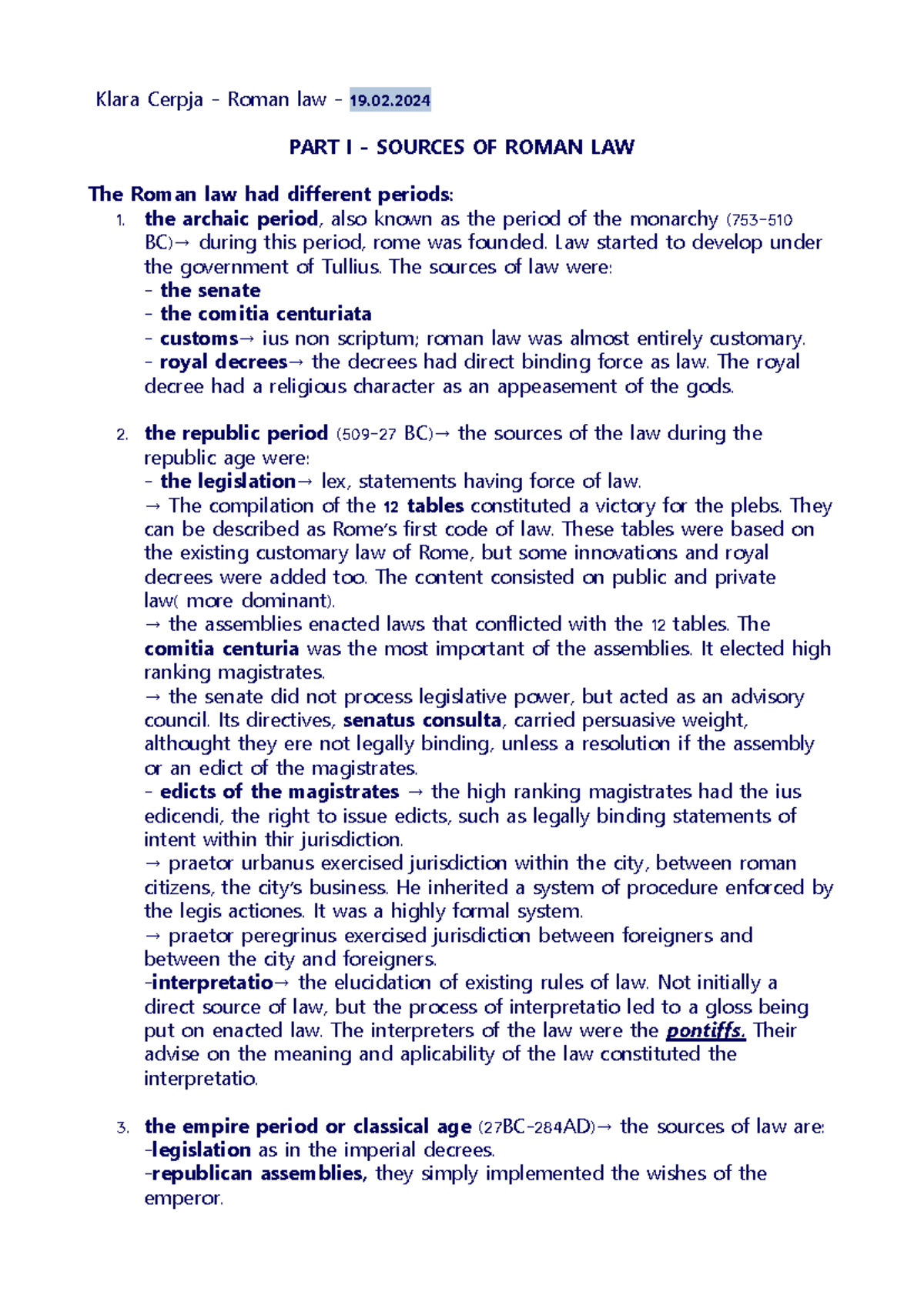 Roman law notes - Klara Cerpja - Roman law - 19. PART I – SOURCES OF ...