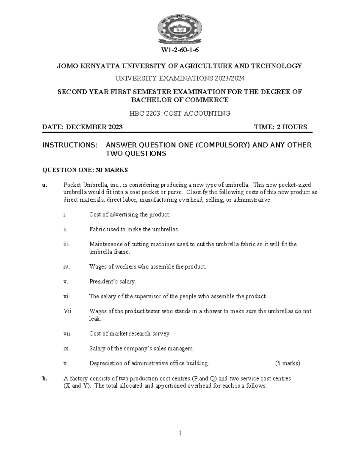 HBC 2203: Cost Accounting Exam - December 2023 Analysis and Questions ...