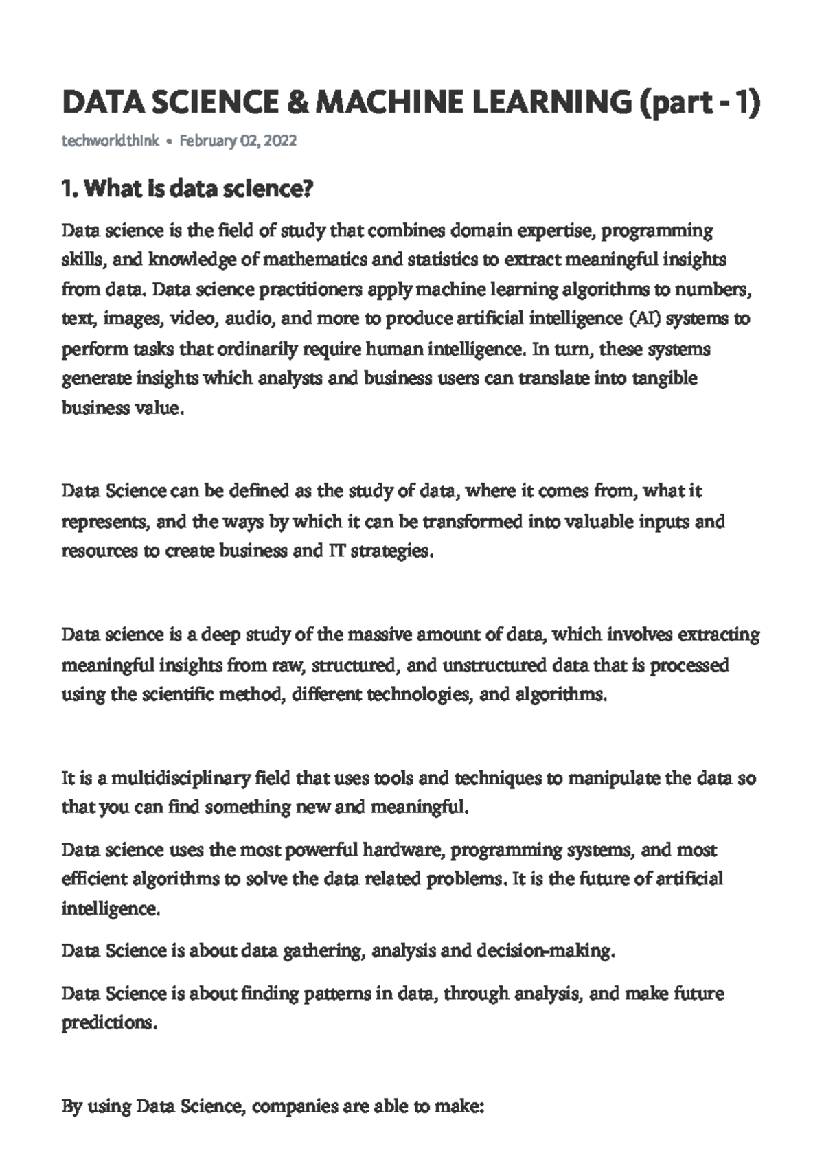 DS&ML 1 - Introduction to Data Science & Machine Learning - Studocu