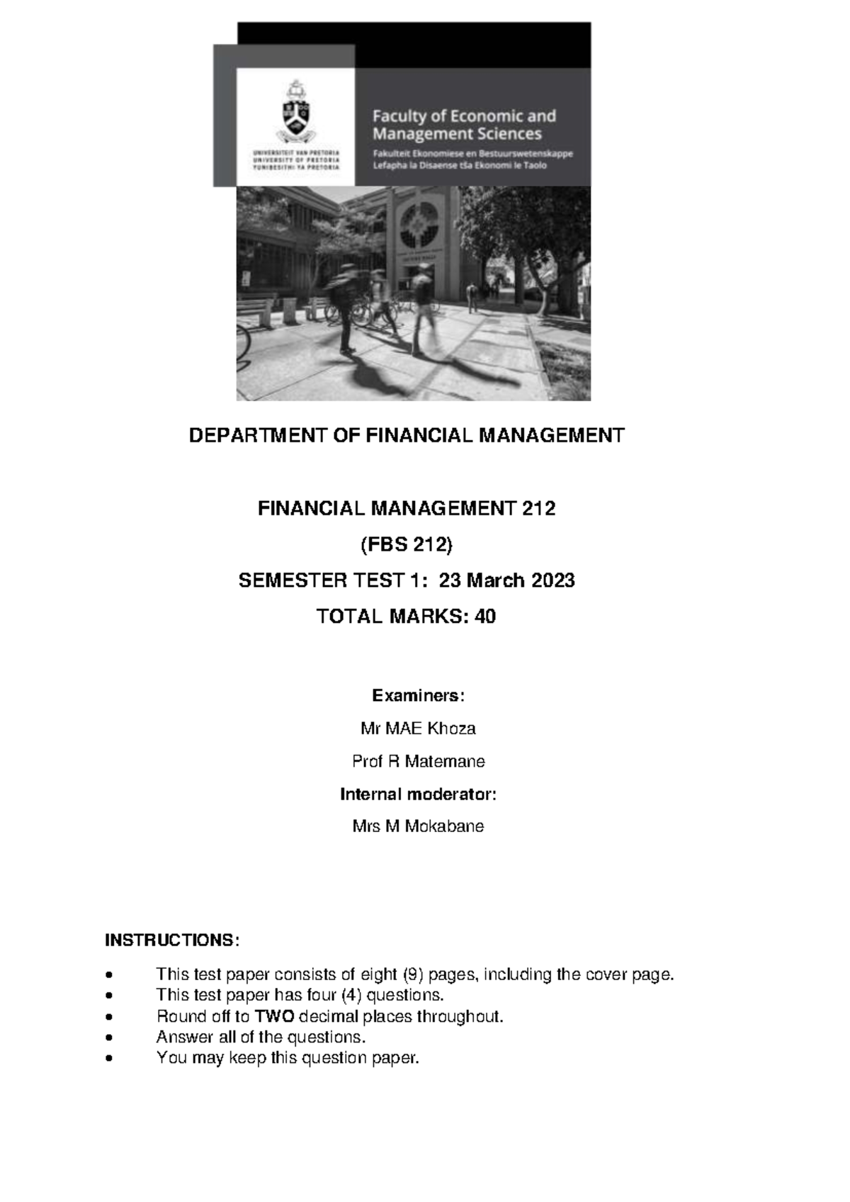 Financial Management 212 (FBS 212) Semester Test 1: March 2023 - Studocu